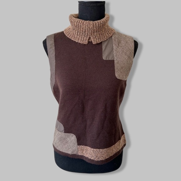 Pinore Sweaters - Pinore From Japan Brown Pure Wool Patchwork Turtleneck Sleeveless Sweater